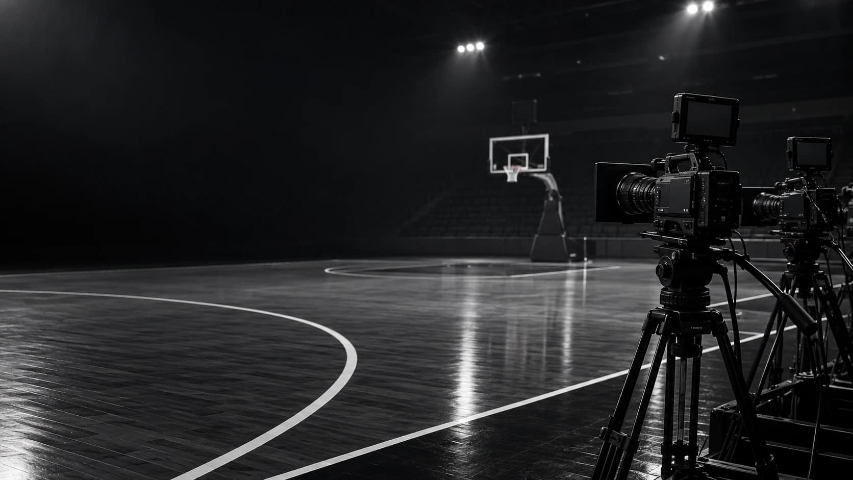 Broadcast cameras beside an empty basketball court